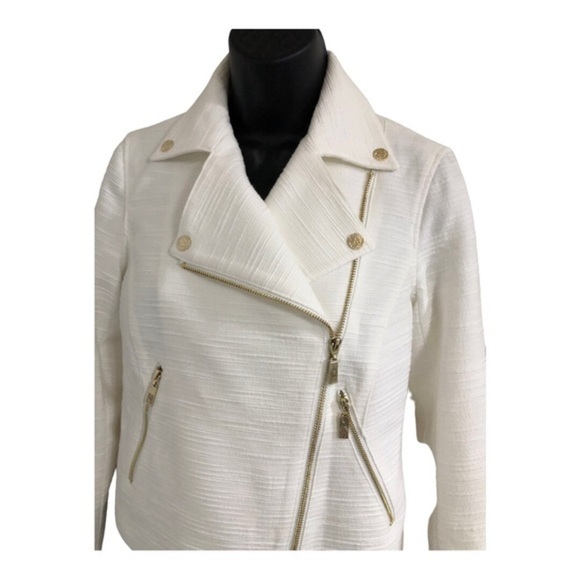 Anne Klein ecru boucle lookโ gold zippered moto jacket blazer size large new - Picture 11 of 17